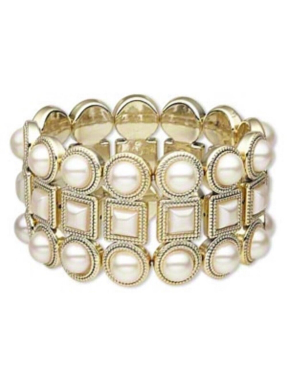 Vintage 90s Y2K Faux Pearl Chunky White and Gold Stretch Acrylic Braclet